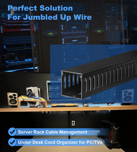 2x2 Inch Cable Raceway for under desk cable management, open slot wire duct hider, durable PVC cable channel in black, installed in office setup