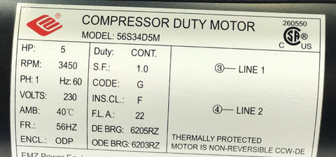 Label on New True 5HP Compressor Duty Electric Motor with HP, RPM, voltage, and non-reversible CCW information shown.