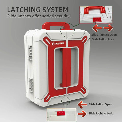 Boss Level Large 408 Piece Wall Mounted First Aid Kit with latching system and durable plastic shell for security and organization.
