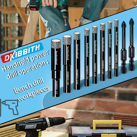 Assorted sizes of a Dry Diamond Drill Bit Set for Tile and Stone with Wax Lubrication Includes Ten Round Shank Bits DKIBBITH