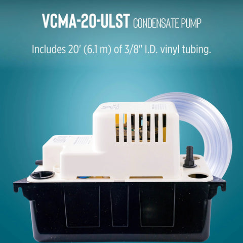 Front view of Little Giant VCMA-20ULST 115V condensate pump with 20 ft vinyl tubing, white housing on black base