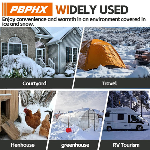PBPHX blue heated water hose collage for RV use, showing courtyard, travel, henhouse, greenhouse, and RV tourism scenes.