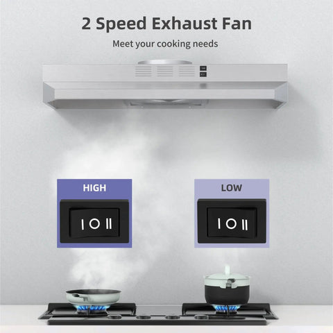 30 Inch Under Cabinet Range Hood Stainless Convertible Ducted Ductless 300 CFM with 2-speed exhaust fan and LED light