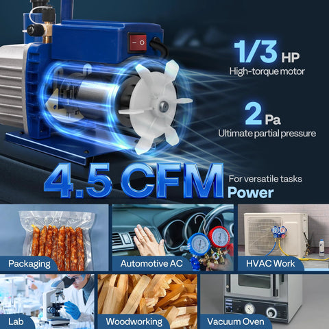 VIVOHOME blue vacuum pump, 1/3 HP, 4.5 CFM, sparkless A2L motor for automotive HVAC, oil bottle included
