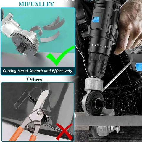 Heavy Duty Electric Drill Plate Cutter with dual serrated wheels, showing smooth sheet metal cutting vs. traditional shears.