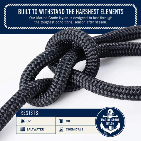 Close-up of Premium Double Braided Nylon Boat Anchor Rope with thimble showcasing marine grade durability against UV, oil, saltwater, chemicals