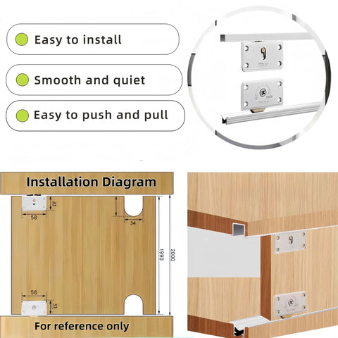 Installation diagram of Two Sets Sliding Cabinet Door Hardware For Wardrobe Smooth Silent Nylon Pulley Rollers with mounting instructions.