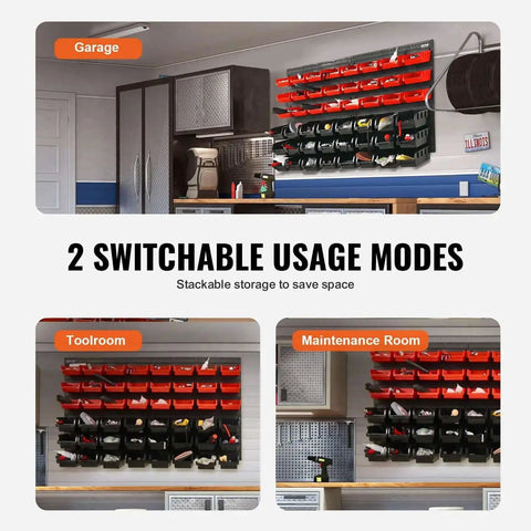 48 Bin Wall Mounted Storage Bins Rack Organizer for garage and DIY shop tools featuring stackable design and durable wall panels
