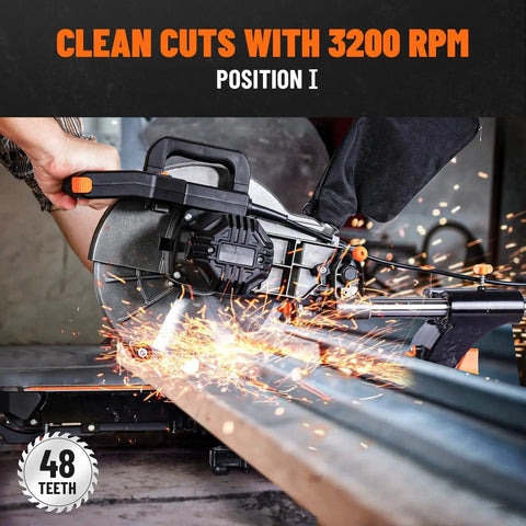 Pro Grade 10 Inch Sliding Miter Saw For Multi Material Cuts With Dual Speed Control, 3 TCT Blades, sparks flying during cut