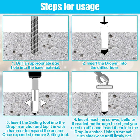 Installation steps for 50 Pcs Drop In Anchors Zinc Plated Inner Female Thread Expansion Anchors For Solid Concrete