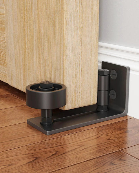 Sliding Barn Door Floor Guide With Eight Setup Options For Bottom And Wall Mounted Applications Adjustable Roller Flush Bottom Hardware Easy Assembly Made From Solid Carbon Steel With Powder Coating And A POM Nylon Roller For Quiet Smooth Sliding side view