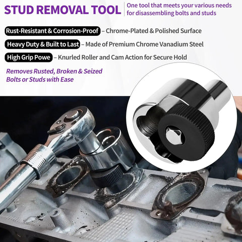 Front view of stud remover and bolt extractor tool with knurled roller and cam lock, chrome-plated steel