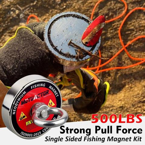 Person holding a Heavy Duty N52 Neodymium Magnet Fishing Kit With 500 Lb Pull And 20 Meter Rope, with metal attached to the magnet.