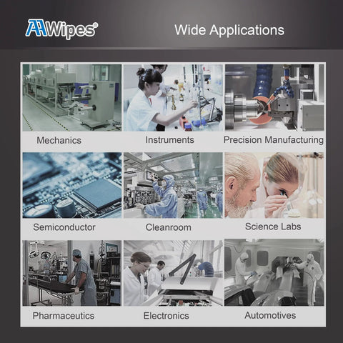 Wide applications of cleanroom wipes in various industries including mechanics, instruments, precision manufacturing, and more.