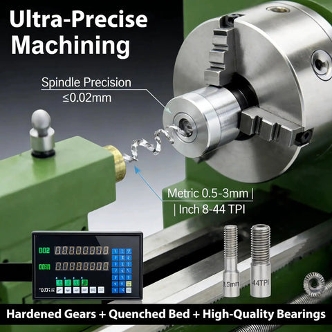 Close-up of Dual Chuck Metal Lathe For DIY And Pro Shops 8x30 Inch Bench Lathe with grating ruler and spindle precision display