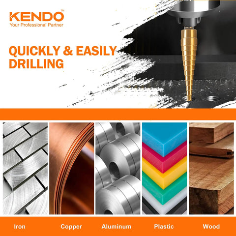 Step Drill Bit Set With 28 Size Options For Metal Wood And Plastic Titanium Coated HSS Double Cutting Blades Carry Bag 3 Piece DIYers Kit For Fast Clean Holes And Smooth Drilling displayed drilling metal with images of materials