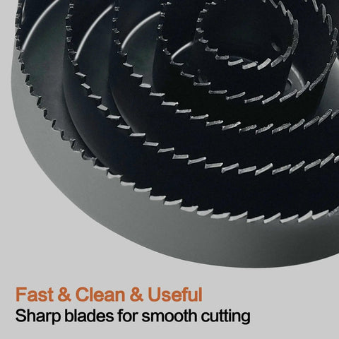 Close-up of carbon steel blades from All-in-One Hole Saw Kit 19 Pcs By Axelord With 3/4 To 5 Inch Blades, for soft materials.