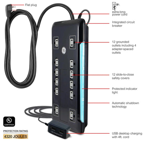 Turn One Outlet Into Twelve With Tethered USB Ports Surge Protector, 8 Ft Cord, Flat Plug, 4320 Joules, Power Filter, Circuit Breaker, UL Listed, Black, Extra Wide Spaced Outlets, Warranty Included
