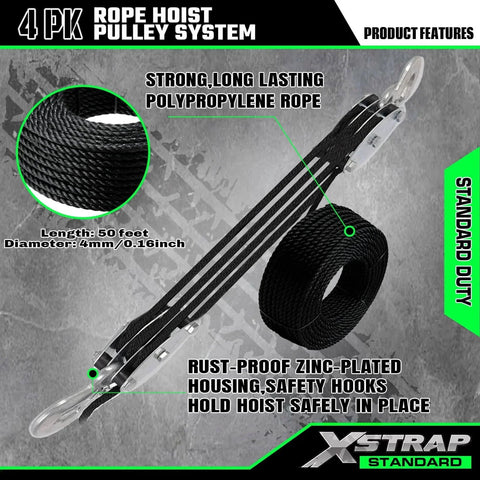 Heavy Duty Hoist With 50 Ft 4.5mm Poly Rope 2000 LB Breaking Strength 1000 LB Load Capacity Includes 2 Soft Loops, side view