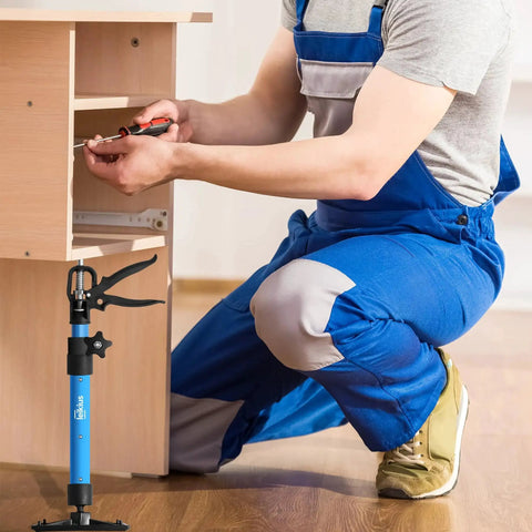 Installer uses 2 Pack Adjustable Steel Cabinet Jacks With Telescopic 3rd Hand Pole 132 lb Load for cabinet support
