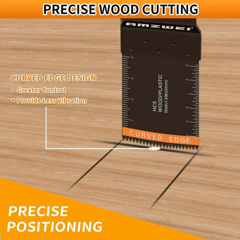 Close-up of HCS curved edge blade from 50 Piece Titanium Oscillating Tool Blade Kit For Metal Wood Plastic That Cuts Like A Boss With Curved Edge And HCS Blades Includes 5 Titanium Blades 25 Curved Edge Blades 20 HCS Blades Compatible With DeWalt Milwaukee Ryobi Rockwell Fein