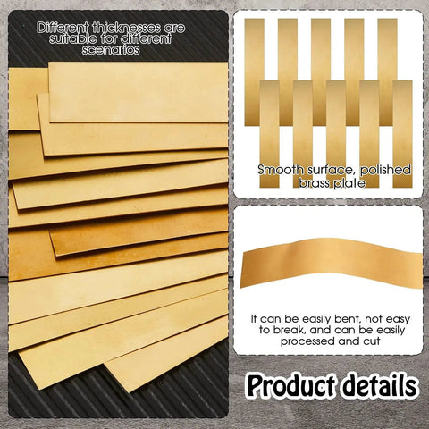 Brass Shim Set 6x1 Inch 24 Pcs Thicknesses 0.002 0.004 0.006 0.008 0.012 0.016, showing different thicknesses and smooth surface.
