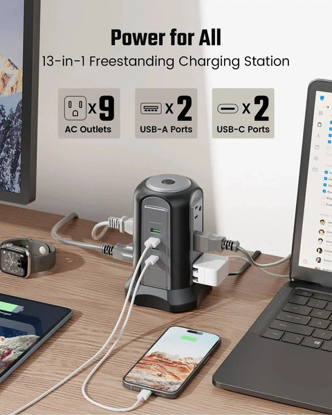 Nine Outlet Tower Surge Protector With Four USB Ports And A 10 Ft Cord, Grounded Plug In Desktop Charging Station, 1080 Joules, Black