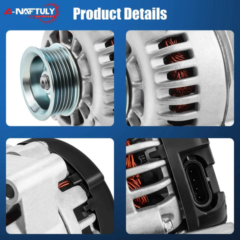 Close-up of High Output Alternator Replacement For Chevy Suburban Tahoe Blazer Astro S10 1500 2500 3500 GMC Isuzu Cadillac Escalade 4.3L 5.0L 5.7L 7.4L V8 1996 1997 1998 1999 2000 2001 2002 ADR0089 40012098 showing copper windings and pulley.