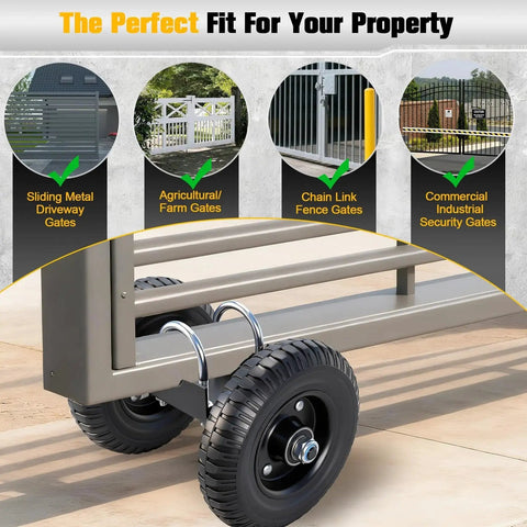Heavy Duty 8 Inch Gate Wheel For Rolling Gates And Sliding Gate Rollers, shown installed on metal driveway gate, supports 660 lbs.
