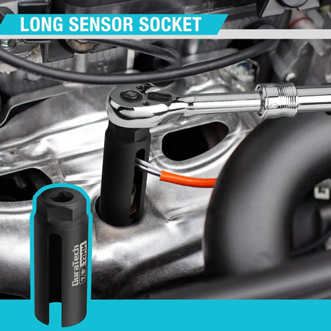 Five Piece Oxygen Sensor Socket And Thread Chaser Kit For Cars With 22mm Offset Sockets In One Half Inch And Three Eighth Inch Drives Long Socket M12 By One Point Two Five And M18 By One Point Five Thread Chasers displayed in use