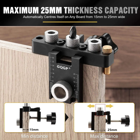 3-In-1 Dowel Jig Kit For Precise Doweling And Self Centering Alignment on wood edge with adjustable width drill guides shown