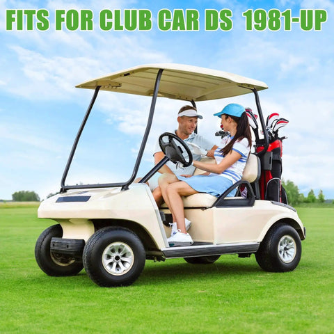 Couple in a golf cart on a field, fits for Club Car DS 1981-up, promoting use of Club Car Beefed Up Serrated Shoulder Lug Stud Bolts Kit