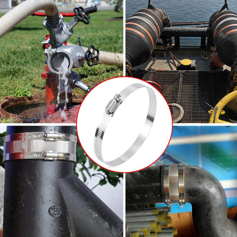Selizo 4-inch stainless steel hose clamp on outdoor faucet (installed). 
Selizo 91–114mm stainless steel worm-gear hose clamp securing large boat hoses. 
Selizo 4-inch stainless steel hose clamp around black pipe (close-up). 
Selizo 4-inch stainless steel hose clamp installed on curved pipe elbow (side view). 
Selizo single 4-inch stainless steel hose clamp center product close-up.