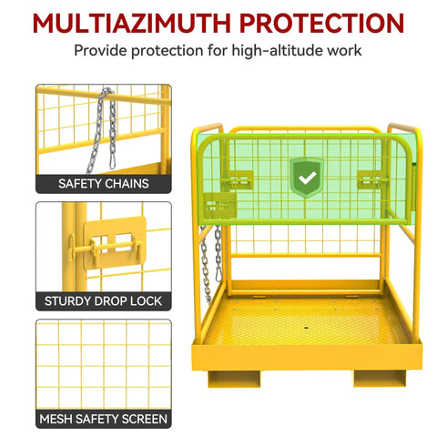 Front view of 36x36 Forklift Safety Cage 1200 Lb Heavy Duty Collapsible Work Platform with safety chains and drop lock