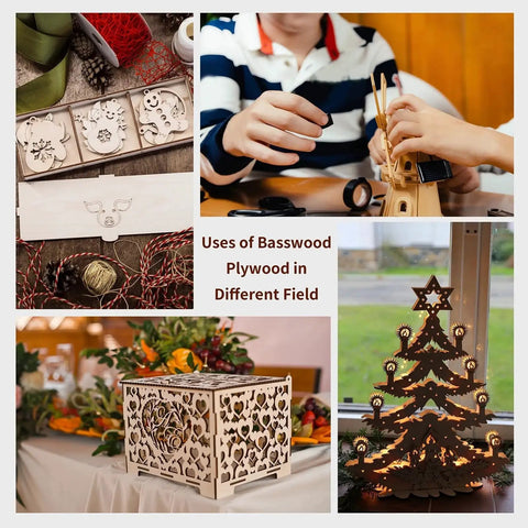 Collage of Basswood Plywood Sheets crafts including tree decor and wooden models, showcasing uses for DIY woodworking projects.