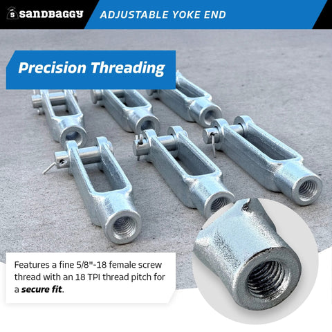 Beefy 5/8-18 Adjustable Yoke End With Galvanized Threaded Clevis, Pins Included, showcasing precision threading features.