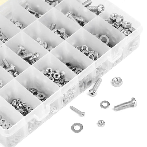 Stainless Steel Nuts And Bolts Assortment Kit, 810 Piece Diy Hardware Set With M3 M4 M5 M6 Phillips Pan Head Screws, Machine Screws, Washers, And Clear Storage Box For Home Improvement Projects shown in compartments