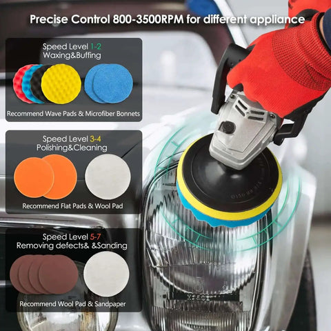 Beast 1400W Rotary Car Polisher With 6 And 7 Inch Pads used on car headlight, showing variable speed and pad types