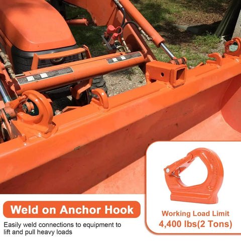 2 Ton G80 Weld On Anchor Hook Heavy Duty Lifting Hook with 4400 lbs Working Load Limit installed on tractor for lifting