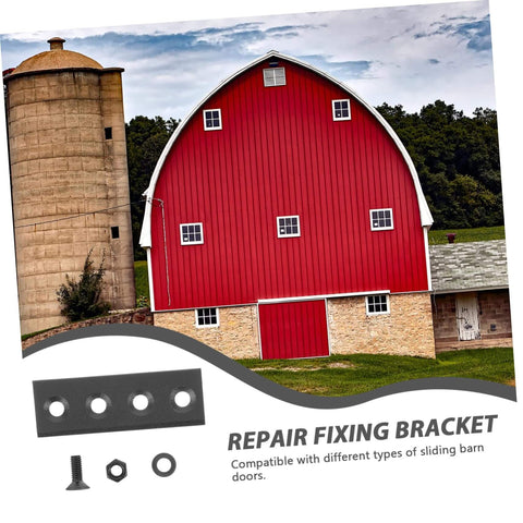Repair fixing bracket with screws and washers for sliding barn door under an image of a red barn with a silo.
