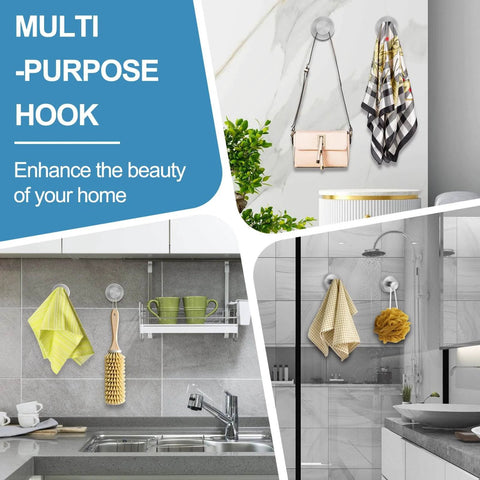 Suction cup hooks for glass and tile, silver finish, no-drill shower hooks, 2-pack