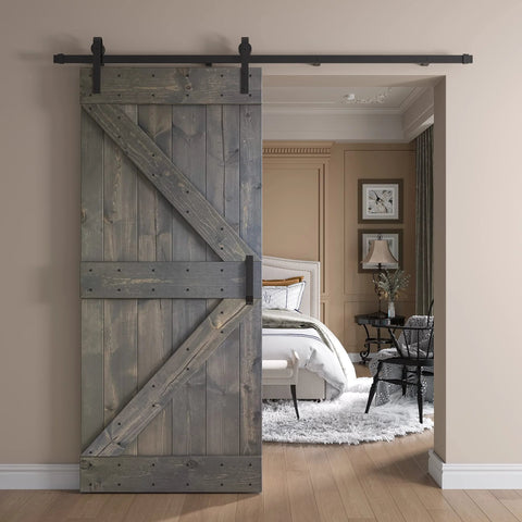 36 Inch By 84 Inch DIY Solid Interior Barn Door Kit With Knotty Pine, Painted Dark Gray Finish, Hand Made In USA, installed view