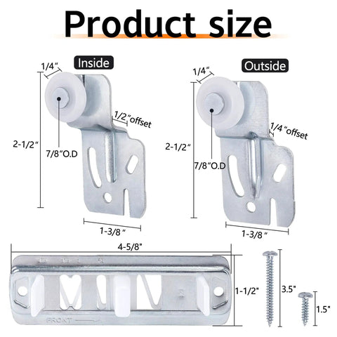 Sliding Closet Door Roller Kit With Slide Track For Top Hung Wardrobe Doors, 10 Pcs Set Including 4 Front Rollers, 4 Rear Rollers, 2 Tracks And 12 Screws, Silent Operation, Easy Installation And Replacement Hardware shown with dimensions and screws.