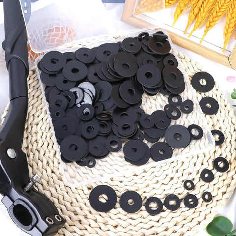 Premium Rubber Washers Kit 240 Pcs Assorted Sizes 12mm 16mm 18mm 20mm 25mm 30mm Black Gaskets For Bolts Faucets Garden Hose And Shower Heads Vibration Dampening Leak Prevention DIY Friendly Pro Grade displayed on a surface.