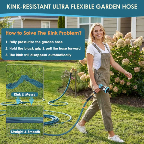 Woman using Ultra Lightweight Non Expandable Garden Hose 150 Ft With Ten Pattern Nozzle And Shut Off Valve in garden