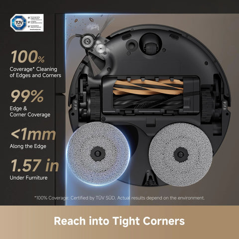 DREAME X50 Ultra robot vacuum underside with two large gray mop discs and side brush on black housing.