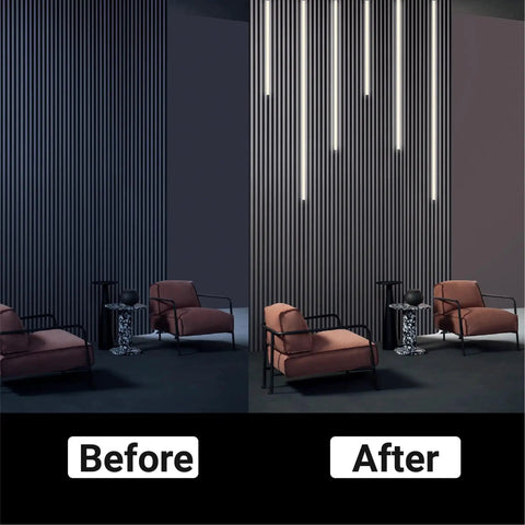 Comparison of wood slat wall panel before and after installation of LED recessed lighting kit with 4000K natural white glow.