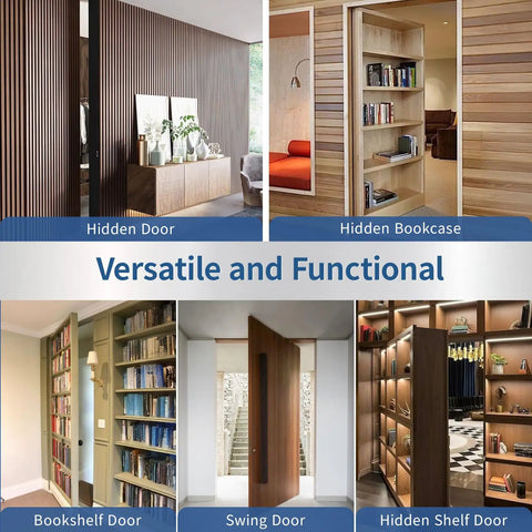 Collage of hidden doors and bookcases showcasing the beefy heavy duty hidden door hinge with 570 lbs load capacity and 360 degree rotation.