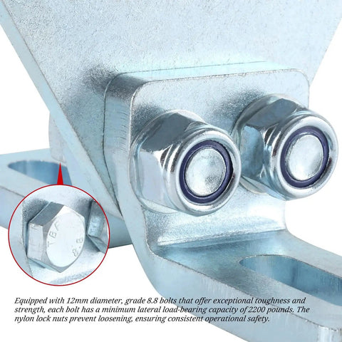 Close-up of electric hoist trolley assembly with 8 wheel rollers for garage hoist systems, featuring bolts and lock nuts for safety.