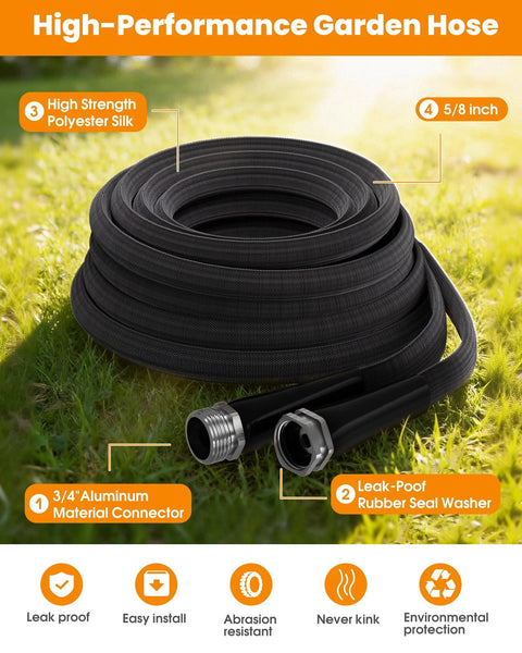 100 ft black non-expanding garden hose with 3/4 inch aluminum connector and leak-proof washer